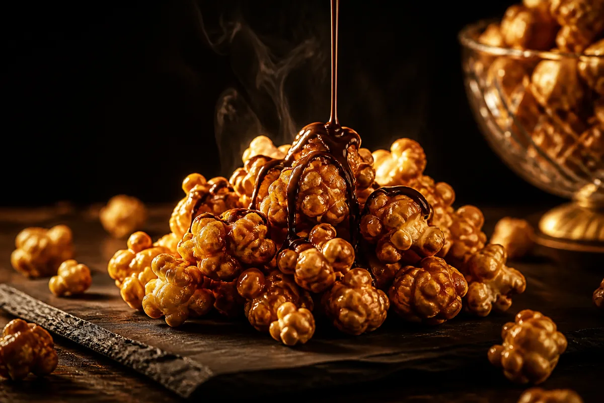 Pipoca gourmet caramelizada recém-feita recebendo calda de chocolate nobre
